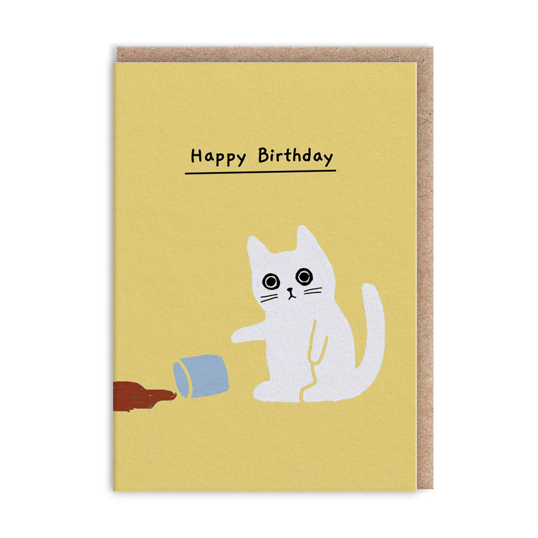 Spill Kitten mini greeting card with cute cat and coffee spill illustration