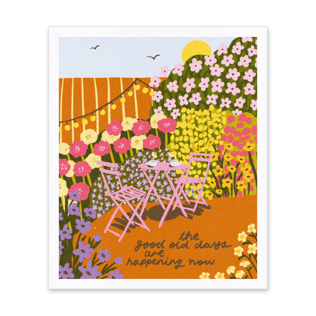 Nostalgic vintage risograph print 'Good Old Days' by Emmy Lupin, 10x12 inches