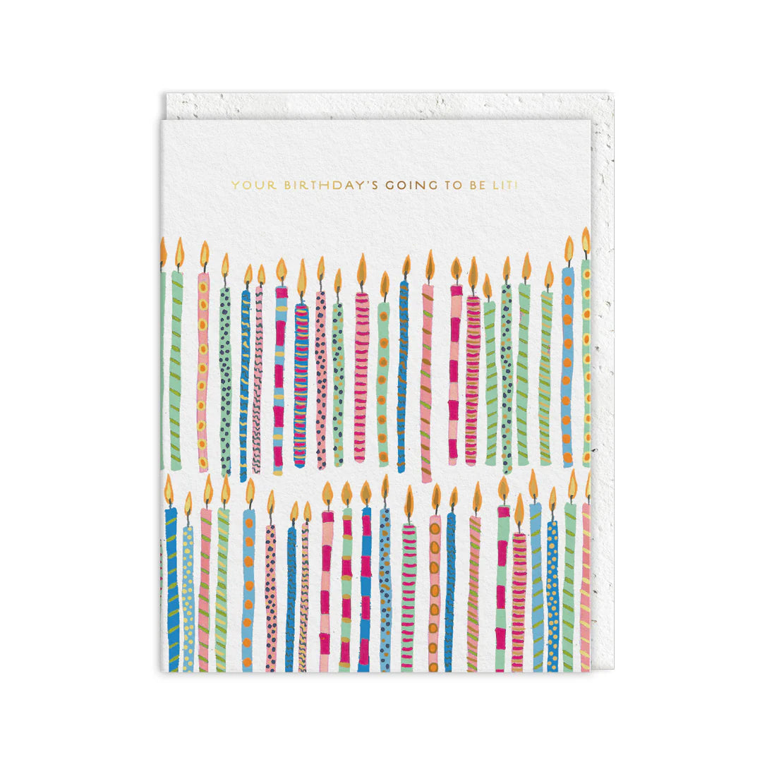 Plantable birthday greeting card with seed-embedded envelope and birthday candle design