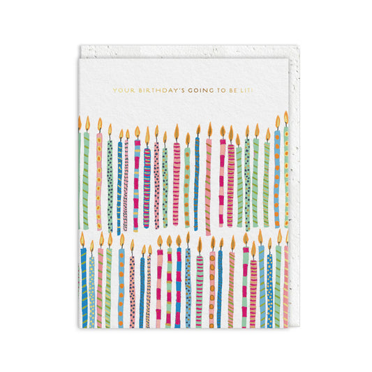 Plantable birthday greeting card with seed-embedded envelope and birthday candle design